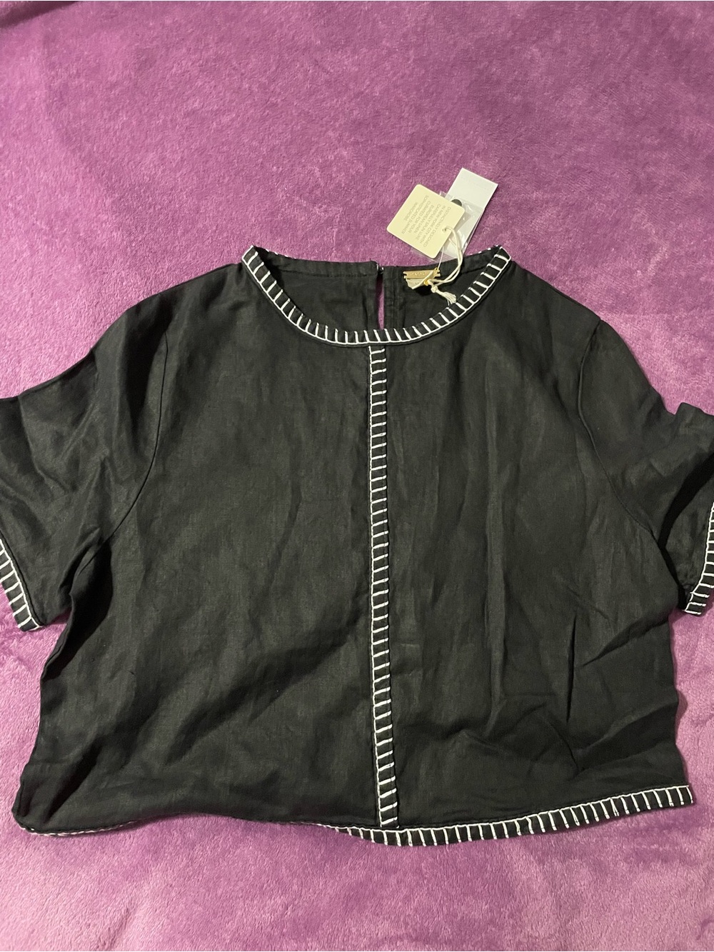 Magaschoni Black Boxy Short-Sleeve Top with White Contrast Stitching